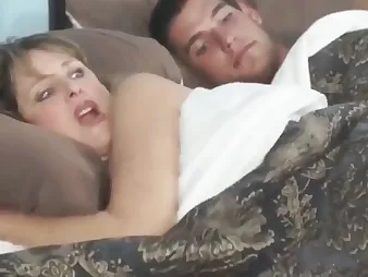 Stepmom and Couch share a heavy cock while sharing bed encircling stepson