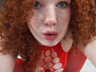 Red-haired teenie with Crimson hair frigs herself to orgasmic ejaculation on the sofa