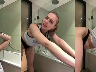 Hot cram girl with unsophisticated big tits gets a hot shower to play with her niggardly pussy